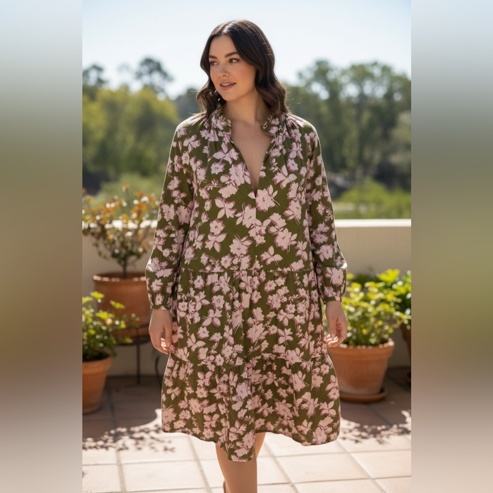 ELOQUII Elements Floral Green and Pink Mini Dress